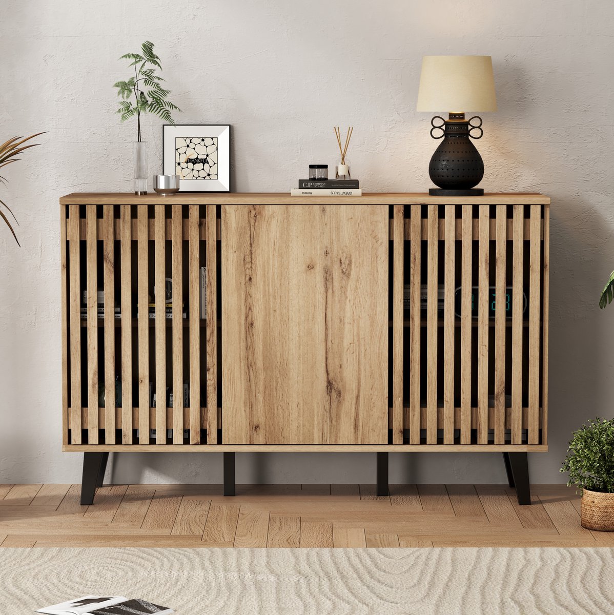 MEUNIQ dressoir 150 x 40 x 95 cm met 3 deuren en 6 vakken, sideboard opbergkast voor woonkamer, slaapkamer, kantoor of hal, naturel houtkleur met zwarte poten