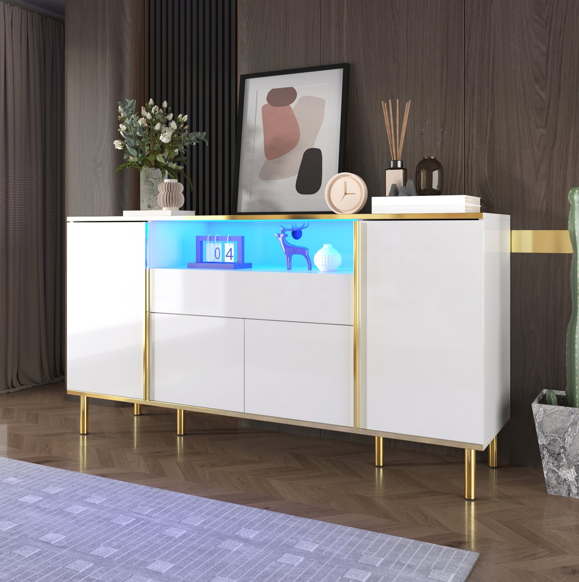MEUNIQ Dressoir 150 x 40 x 80 cm met 4 deuren, 1 lade, open vak en LED-verlichting, wit hoogglans met gouden accenten, opbergkast voor woonkamer