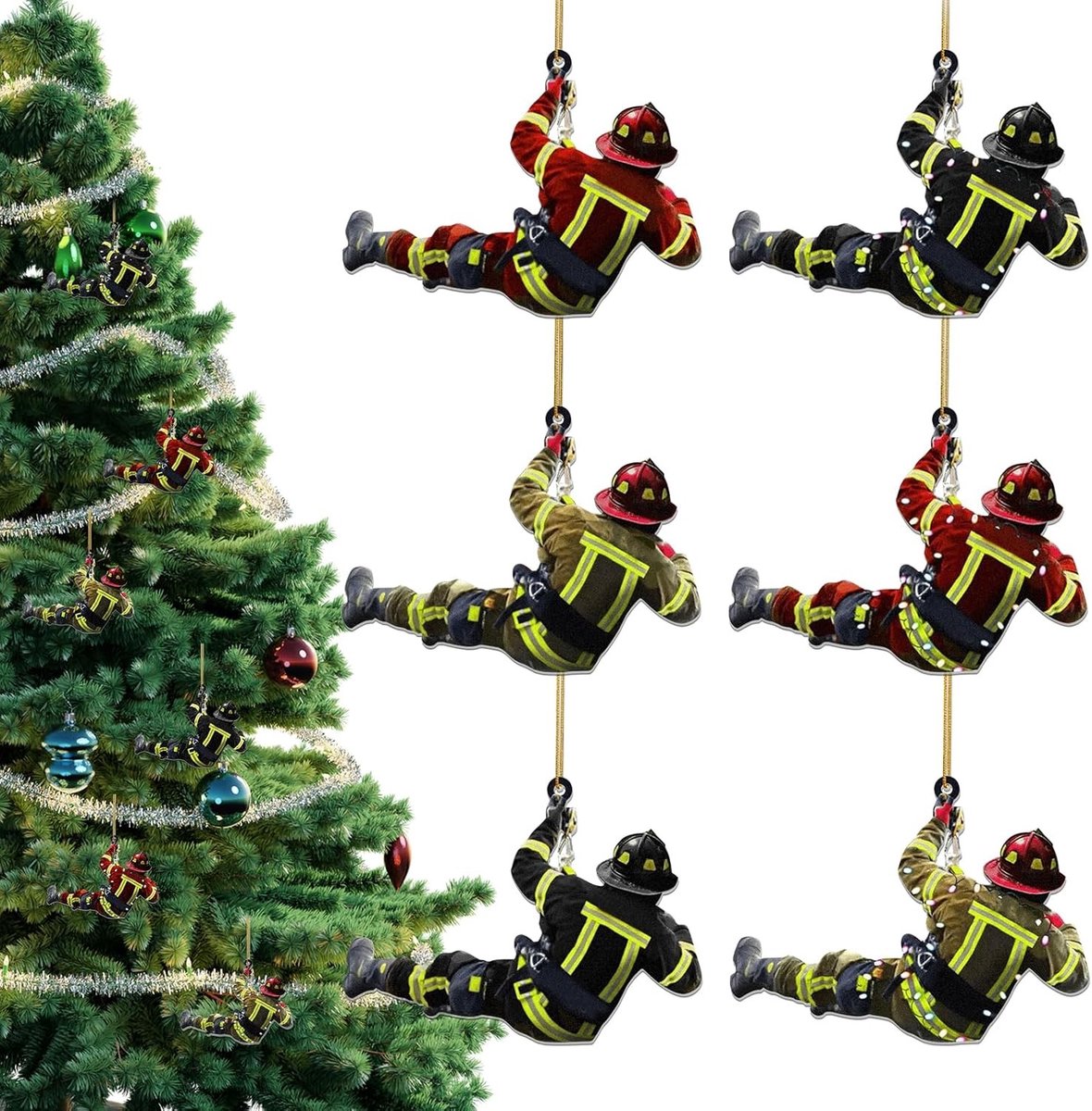 Kerstdecoraties voor Brandweermannen, 6 Stuks, Acryl Ornamenten voor Kerstboom, Muur en Ramen, Brandweer Thema, Feestelijke Versiering