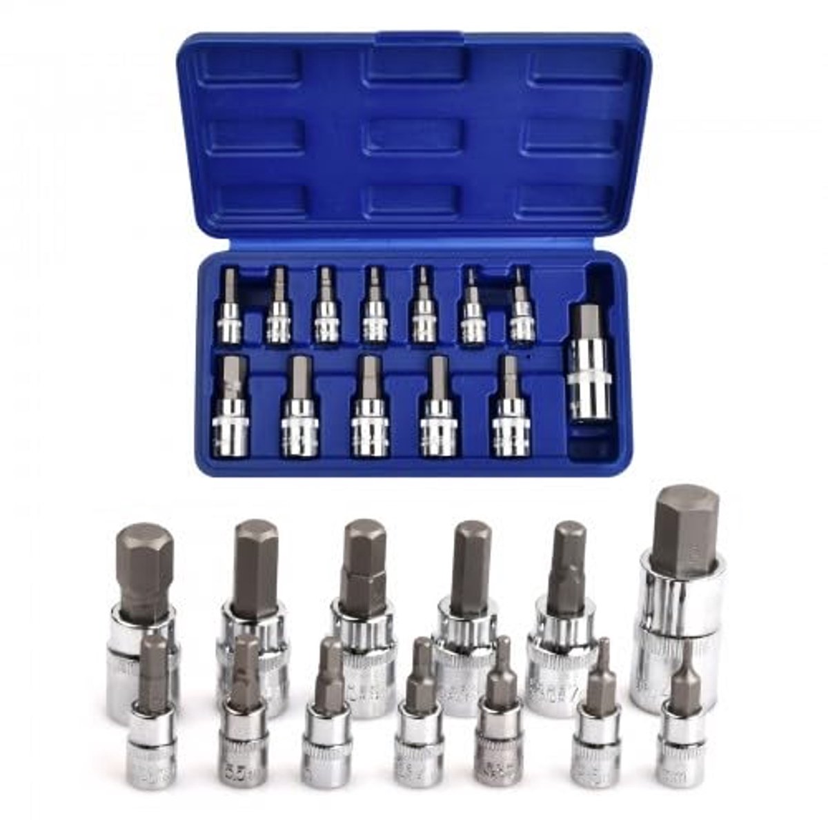 13-delige zeskantige dopsleutelset (1/4 inch, 3/8 inch, 1/2 inch) – S2-staal, Torx T8–T70, bitbitinzetstukken, inbussleutels en dopsleuteladapter, ideaal voor inch-gereedschappen en