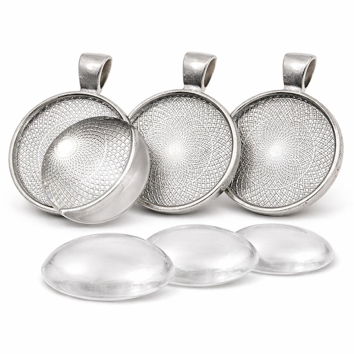 Set van 4 medaillons, metalen hangers, fittingen en 25 mm rond, helder glas, cabochon, frame met super look, knutselset