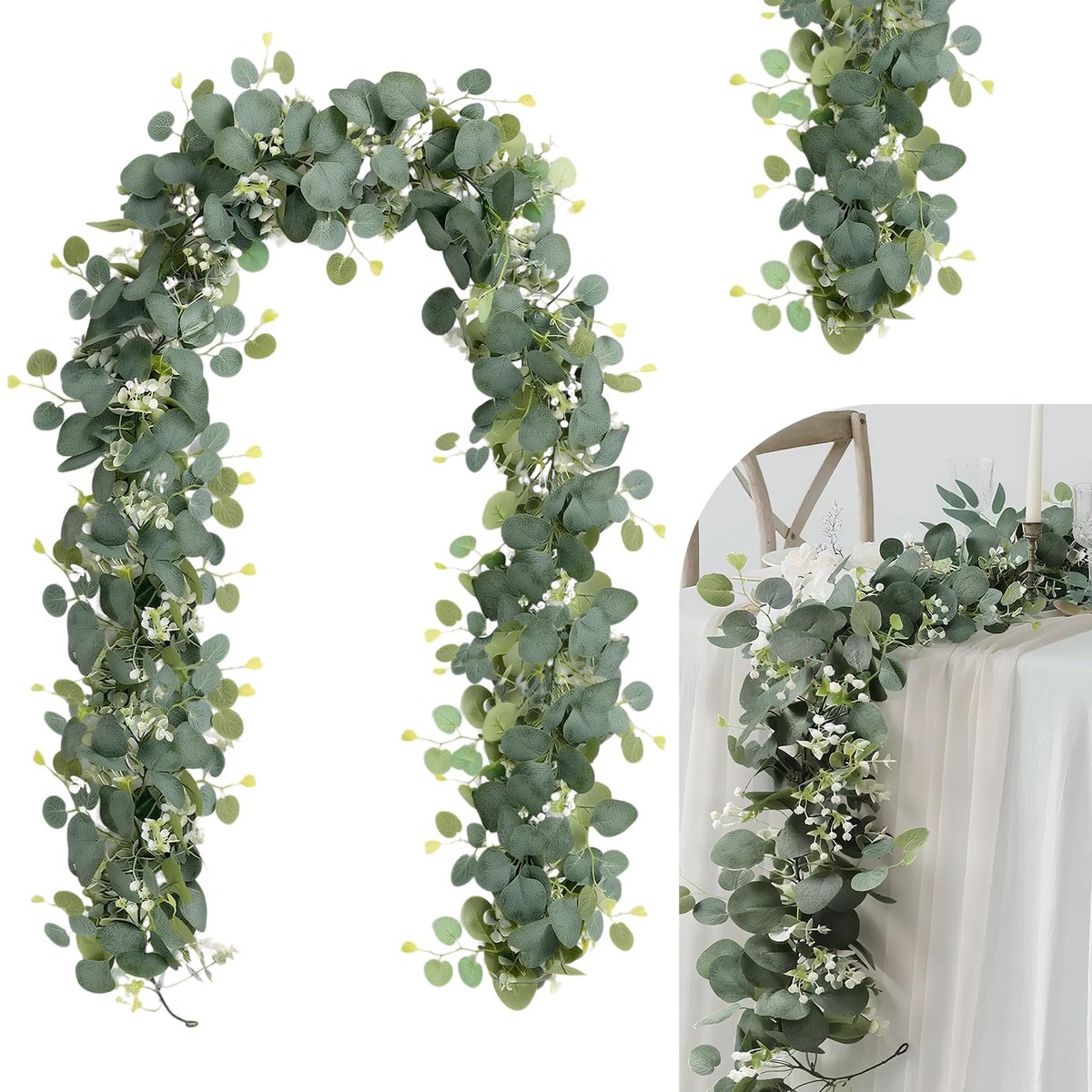 Eucalyptus slinger, 2 stuks kunstmatige eucalyptusslinger, 1,9 m eucalyptus wijnstok, kunstmatige slingers plant met groene bladeren en witte bloemen, voor achtergrond bruiloft boog groen