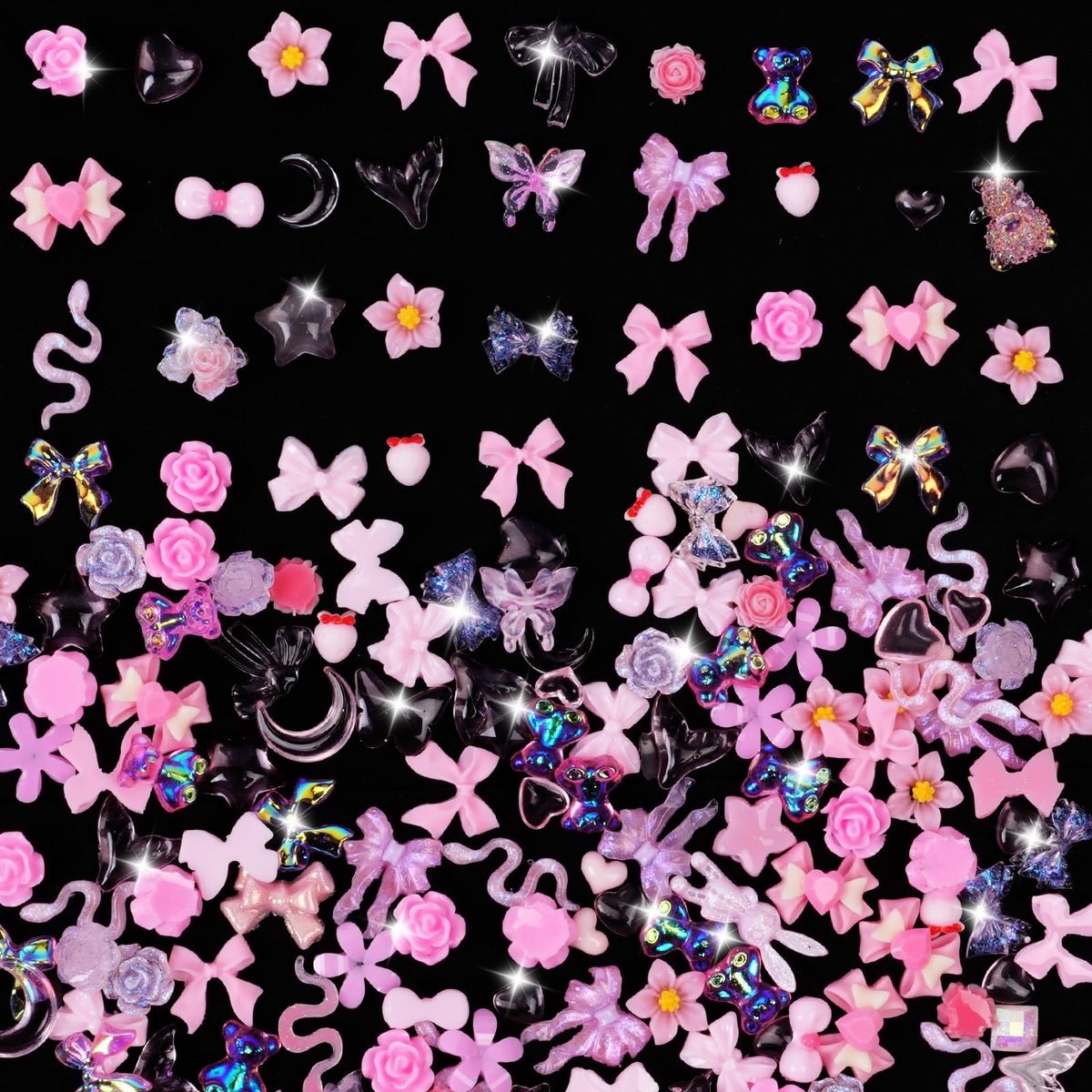 Charms Pink Mixture Nail,200 Stuks 3D Multi Shapes Nailes Charms Pink Mix Styles,3D Resin Nails Art Charm inclusief strikken,hart,sterren,konijn,bloemen voor nagels DIY en knutselen