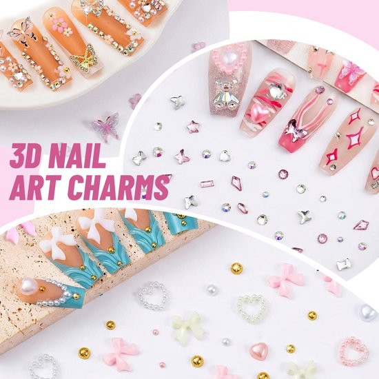 Charms and Gems, Pink Cute Bow Heart 3D Flower Charms for Junk Cases kit, Gold Chunky Butterfly Charms for Nails Design,Nail jewels Diamond Rhinestones, Beads Pearls — afbeelding 3