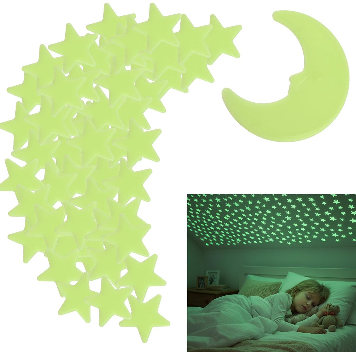 300 glow-in-the-dark sterren en 2 manen, plafondstickers voor kinder- en babykamer, veilig, verwijderbaar en herbruikbaar