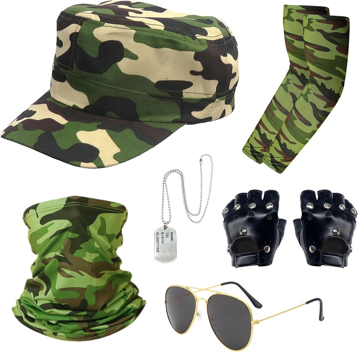 6-delige Leger Kostuum Set voor Volwassenen, Soldaat Militair Cosplay met Hoed, Zonnebril, Handschoenen en Accessoires voor Feest en Verkleedpartijen