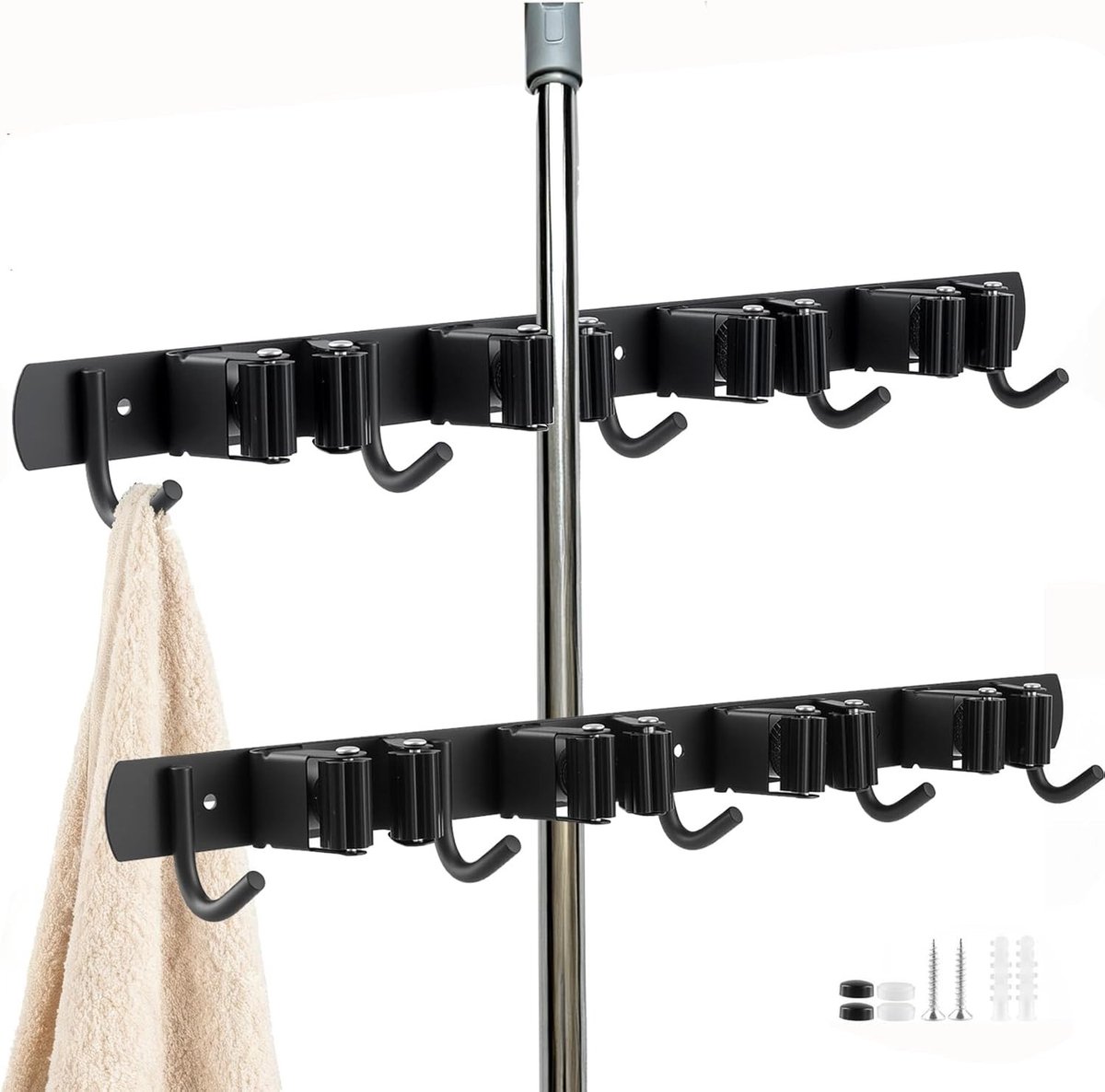 2 Stuks RVS Bezemhouder Wandmontage - 9 Vakken en 9 Haken, Geen Boor Zelfklevende Mop Organizer voor Keuken, Badkamer en Garage