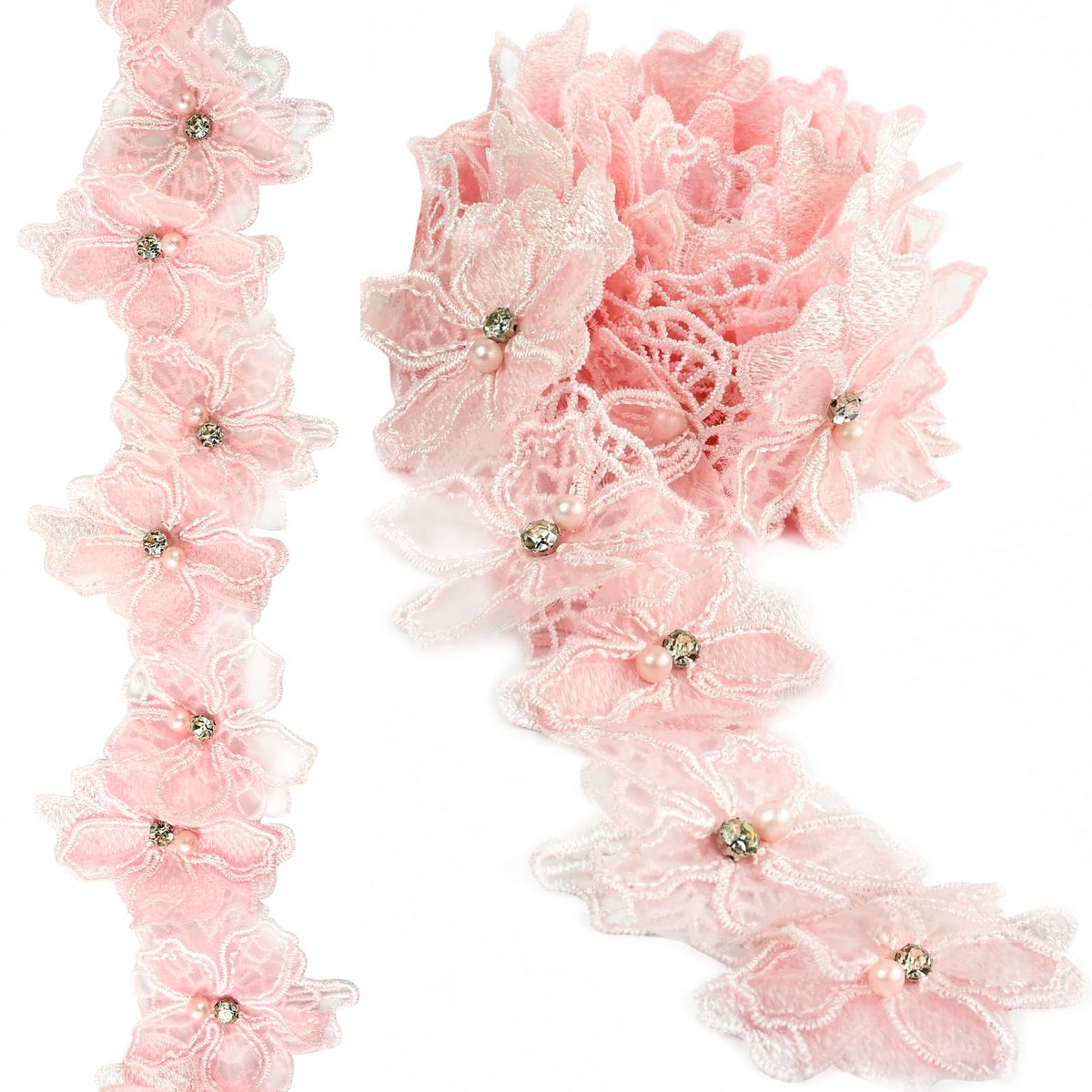 lint met bloemenpatroon, 1,8 m bloemenkant, decoratief kanten lint, met strass en kralen, om te naaien, knutselen, decoratie (roze)