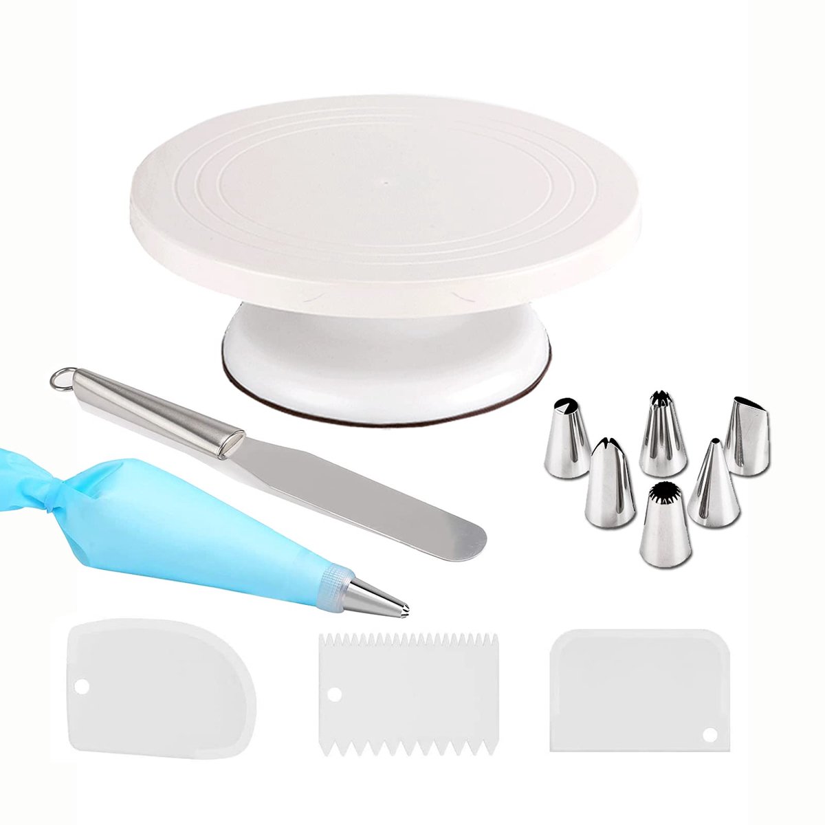 Draaitafel Draaitafel Draaitafel, Verbeterde Cake Stand Roterend met 3 Crème Schrapers, Nozzles Tips Set, RVS Icing Spatel voor Cake Decorating Wit