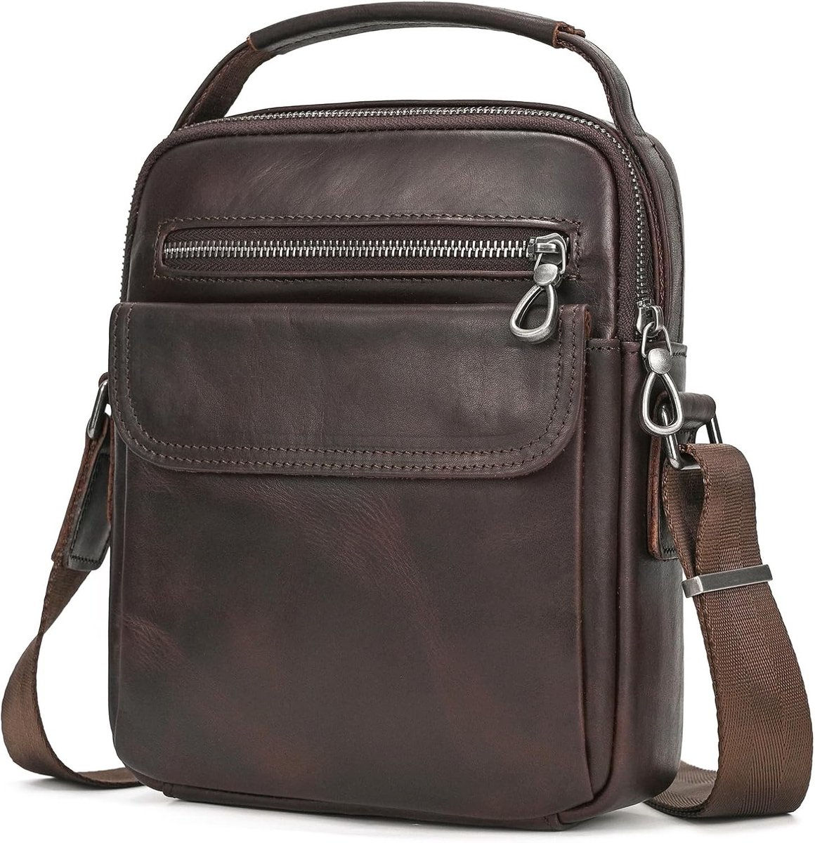 Kleine leren schoudertas voor heren, vintage crossbody tas voor werk, reizen en vrije tijd in koffiebruin