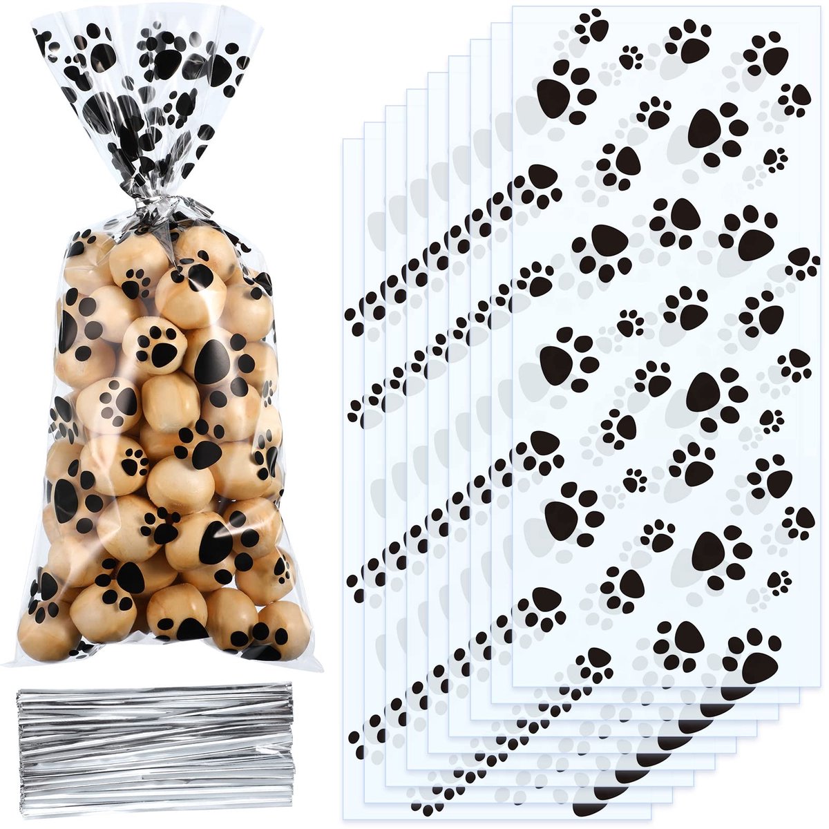 100 stuks hondensnoepzakjes puppy feestgunst huisdier poot kegel cellofaan zakken snoep warmte verzegelbaar hondenpoot cadeau met 100 stuks zilveren twistbanden voor huisdier kat traktatie party