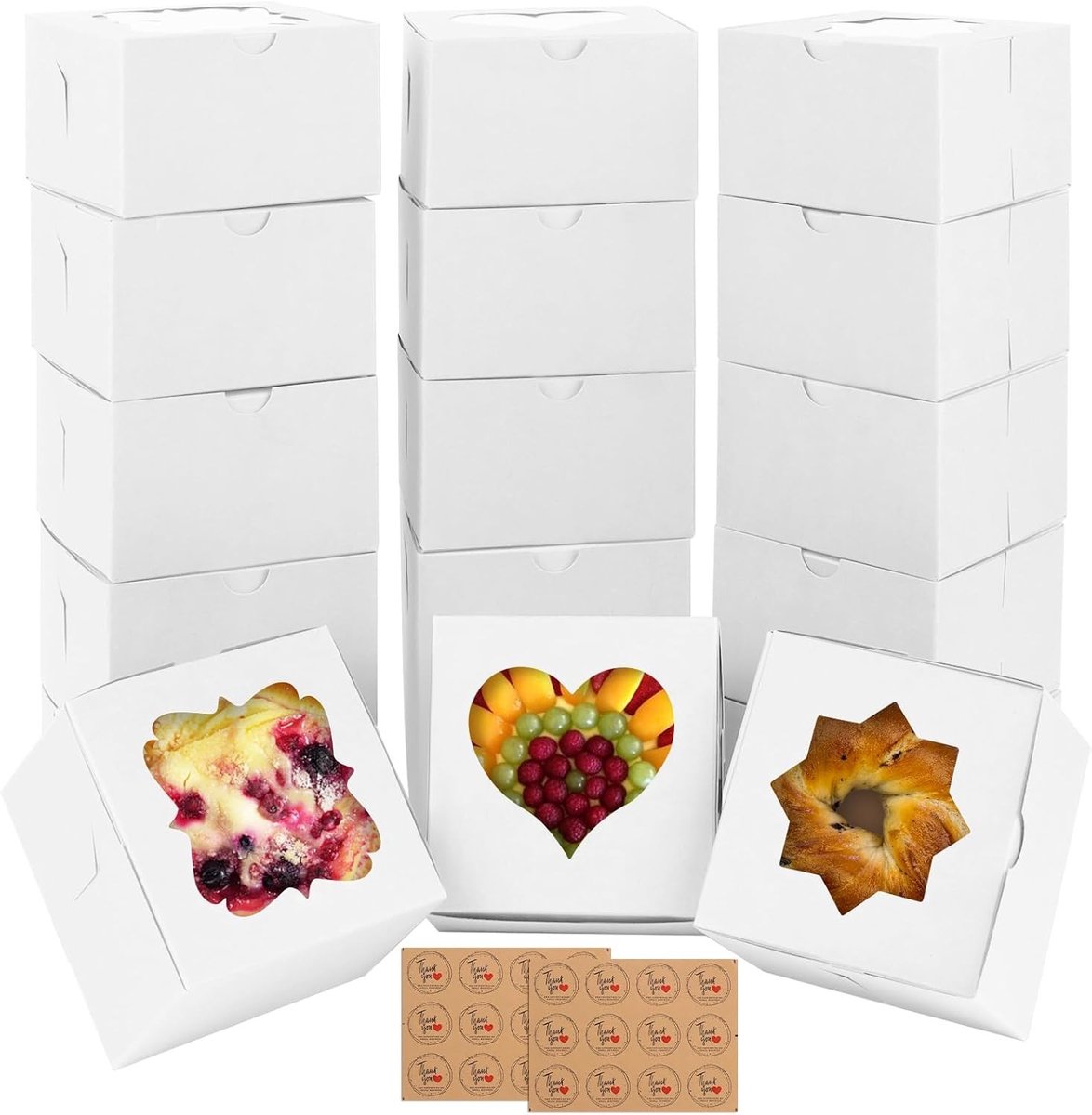 18 Stuks Vouwbare Papieren Cake Dozen met Drie Vensters en Stickers voor Taarten, Gebak en Snoepgoed - 10x10x6.5 cm