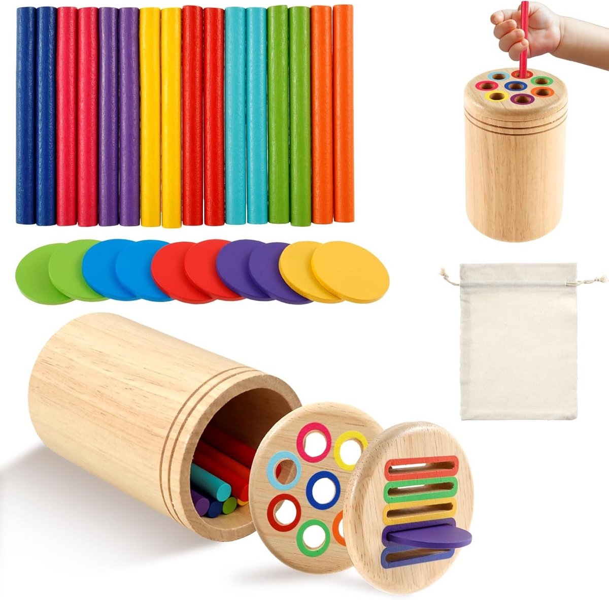 2-in-1 Montessori Speelgoed voor Peuters van 1-3 Jaar - Houten Sorteer- en Stapelspel, Educatief Sensory Speelgoed voor Kinderen met Kleuren en Vormen