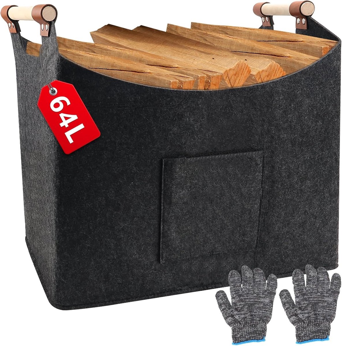 XL Houtmand van Vilt (64 L, 50 x 32 x 40 cm), Ruime Opbergmand voor Haardhout, Dikke Vilt, Vouwbare Mand met Houten Handvat en Handschoenen, Ideaal voor Haardhout en Boodschappen