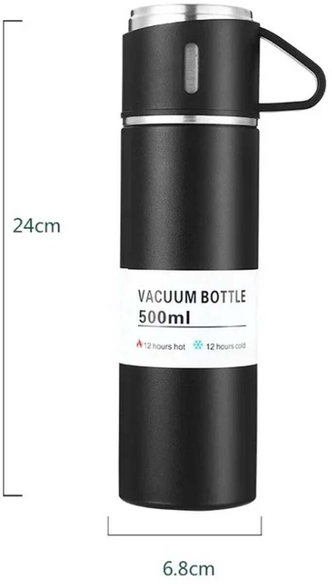 Thermosfles 500 ml met 3 Bekers – RVS Vacuümfles 12 Uur Warm en Koud – Lekvrije Isoleerfles voor Koffie en Thee – Reizen, Werk en Kamperen – Zwart – foto 3