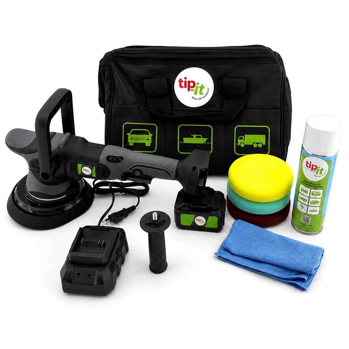 Tip-it Excentrische Accu Polijstmachine 20V 4Ah - Ø125 mm - Inclusief 3 Poetspads, Lader en Tas
