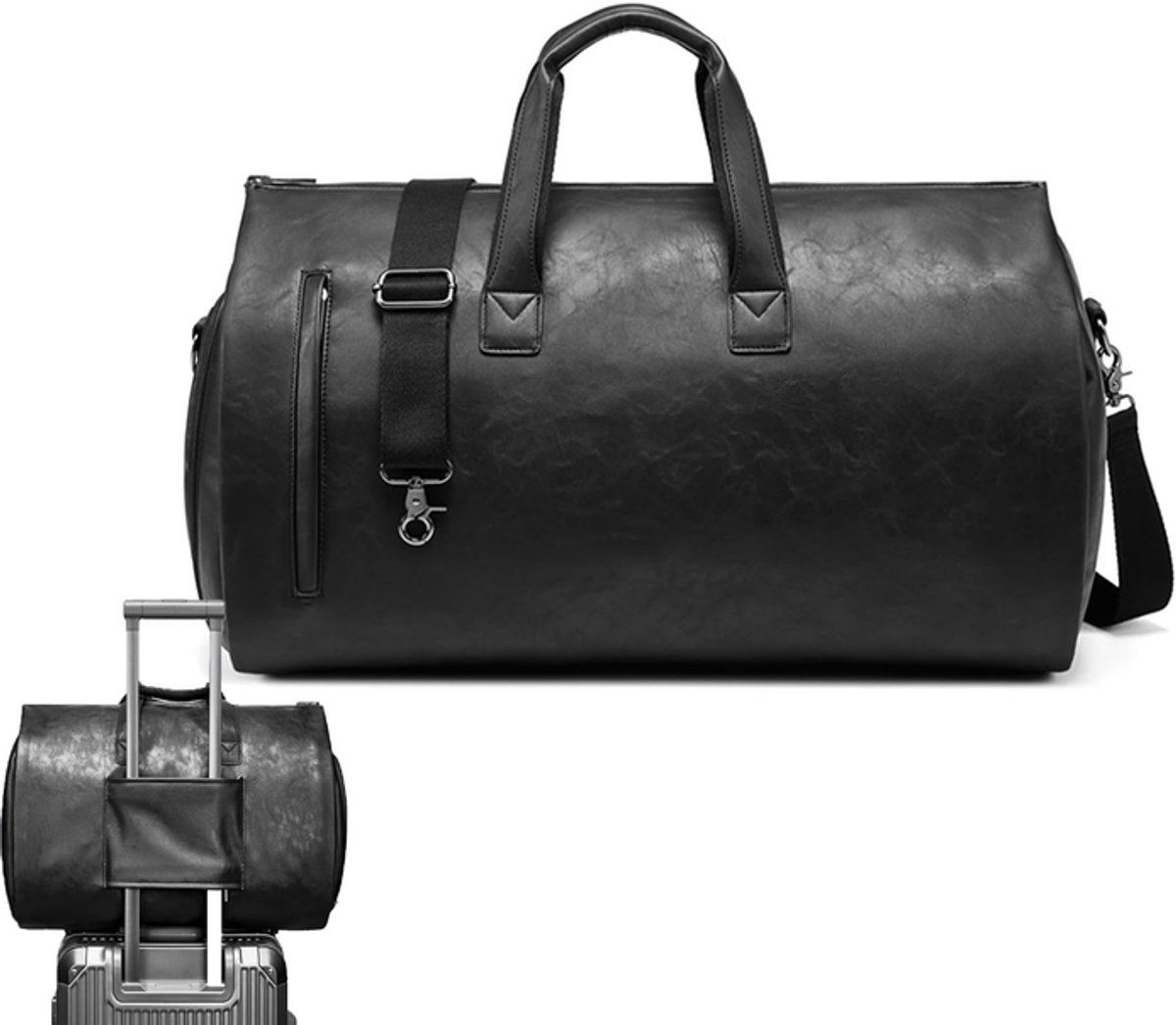 KZQ 2-in-1 leren kledingreistas voor heren en dames - Waterdichte vouwbare garment bag met schouderriem en schoenentas - Geschikt voor pakken en overnachting - Zwart