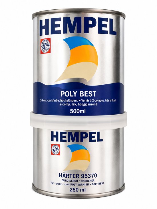 Twee blikken Hempel POLY BEST hoogglanzende lak. Bovenste blik 500ml, onderste blik 250ml met verharder.