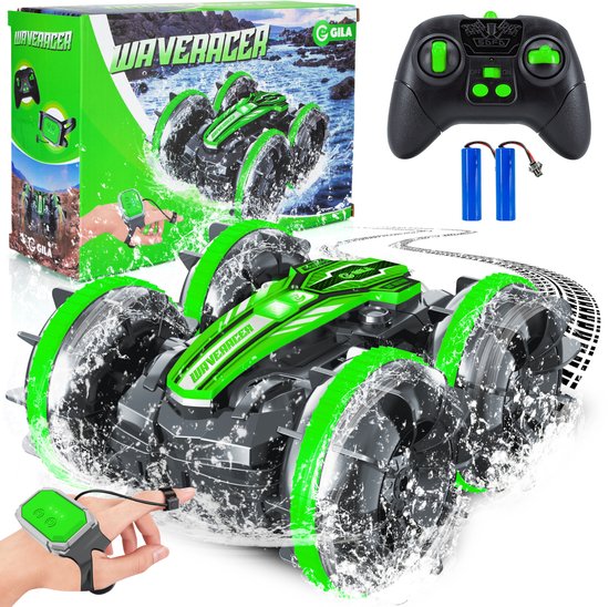 GILA WaveRacer RC auto, groen en zwart, spattend water, met controller, polsbesturing en extra accu's. Inclusief verpakking.