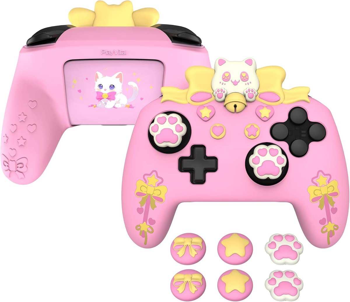 Thijox - Beschermend Silicone Hoesje voor Nintendo Switch Pro Controller met Duimgrepen en Stickers, Joystick Grips - Roze (Sweetheart Kitty) voor Kin