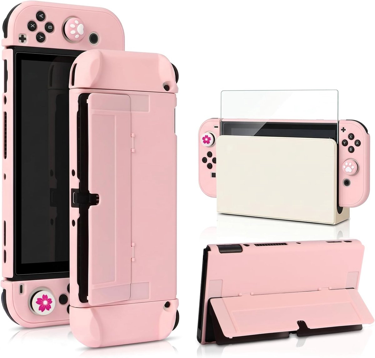 SnelShoppen - Ultra Dunne Roze Beschermcase voor Nintendo Switch OLED - Inclusief Tempered Glass Screen Protector en 4 Thumb Grips - Perfect voor Besc