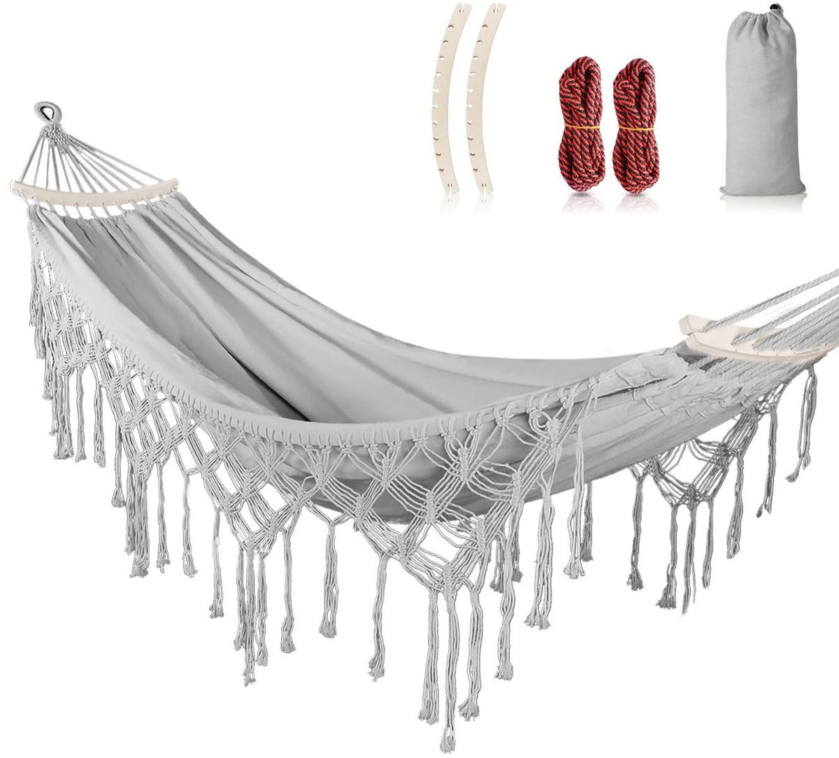 Dailygoods- Hangmat 110" x 60" - Duurzaam canvas - Maximaal 500 lbs - Kwastjes - Draagtas - Verwijderbare balk - Hangmatje