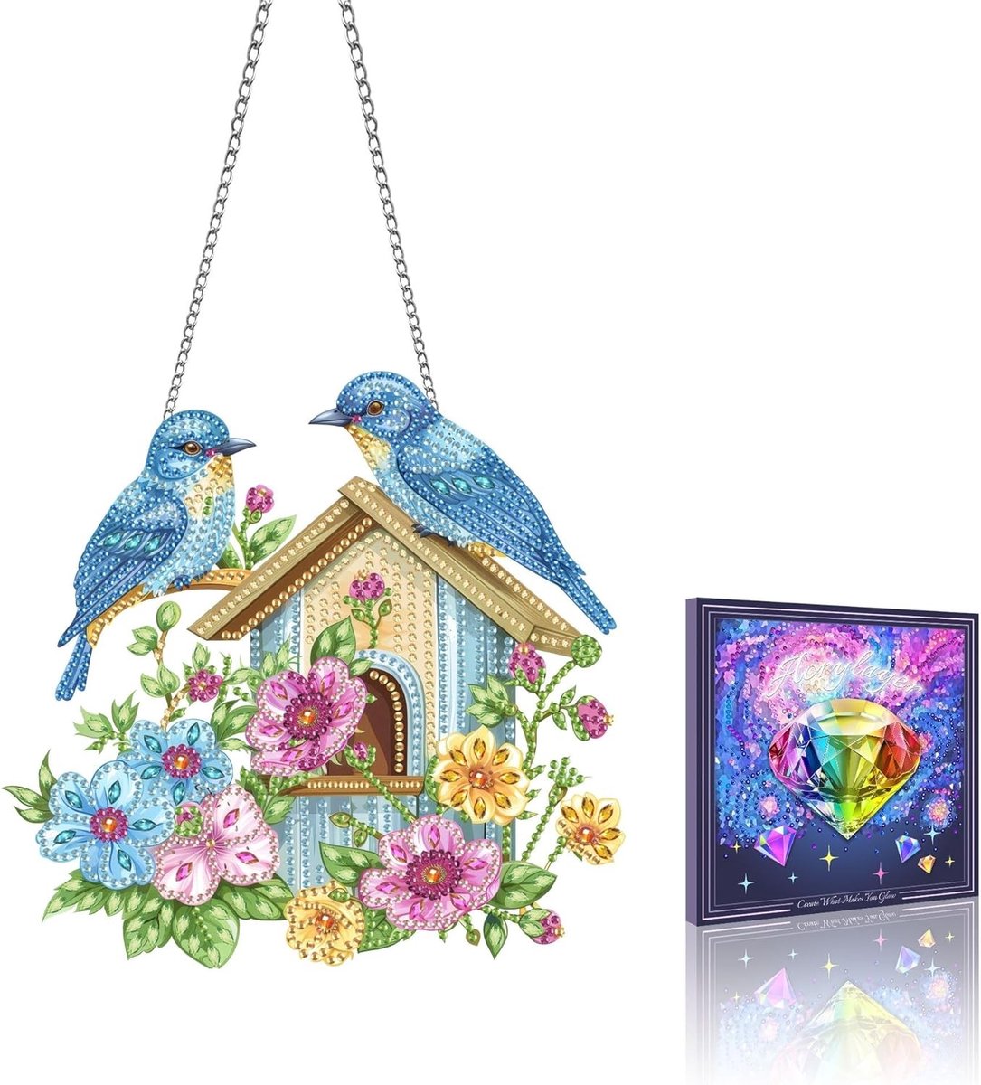 5D DIY Vogelhuisje Diamant Schilderen Hangende Kits met Ketting, Decoratie voor Deur, Raam en Tuin, Creatieve Knutselset voor Thuisdecoratie