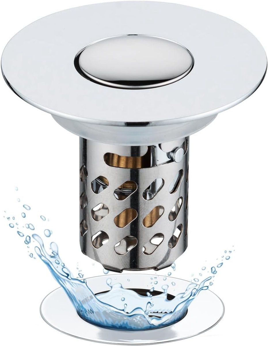 3-in-1 Afvoerstopper met Zeef en Verwijderbare RVS Filtermand voor Wastafel, Geschikt voor 28-58 mm Afvoeren, Duurzaam en Efficiënt Afvoersysteem