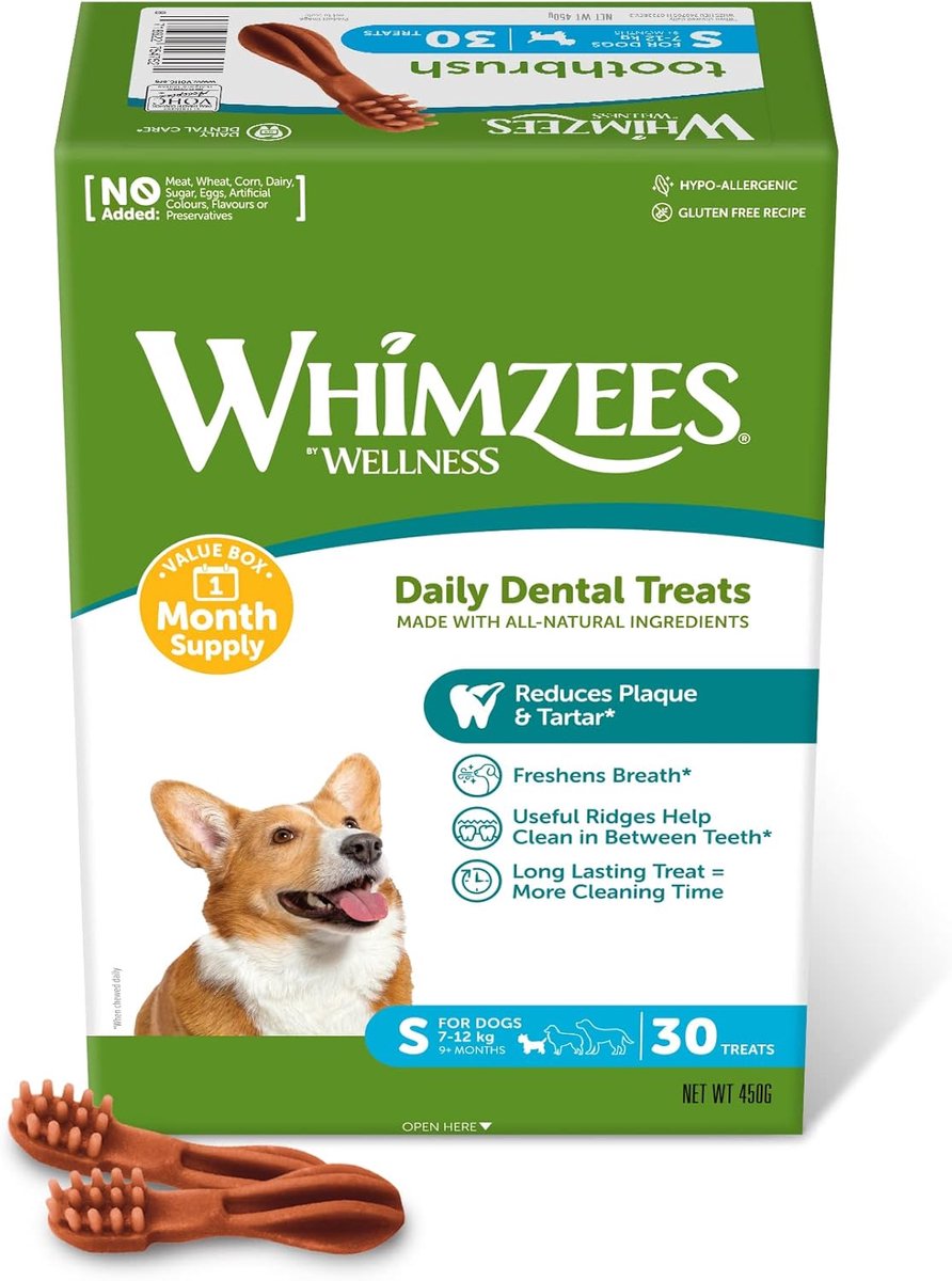 SnelShoppen - WHIMZEES Tandenborstels S, Maandvoorraad 30 Stuks, Kauwsnack voor Kleine Honden, Natuurlijk, Graanvrij, Vegetarisch, Zonder Toegevoegde