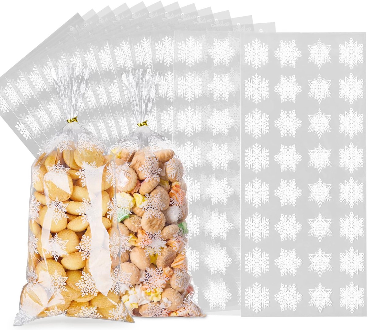 Dailygoods- Cellofaanzakjes 150 Stuks - Transparante Zakjes 12,5 x 27,5 cm - Bodemzakjes - Koekjeszakjes - Sneeuwvlokken - Duurzaam - Verpakkingszakjes