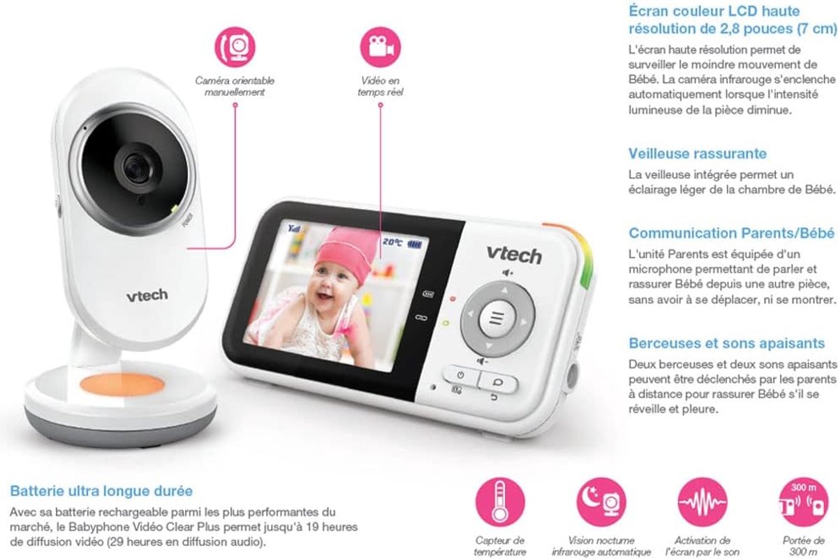 Thijox - Babyfoon Video Clear Plus - 2,8 inch Display - Met Nachtlampje en Slaapliedjes - Digitale 2,4 GHz Babyfoon met Audio en Video - Perfect voor