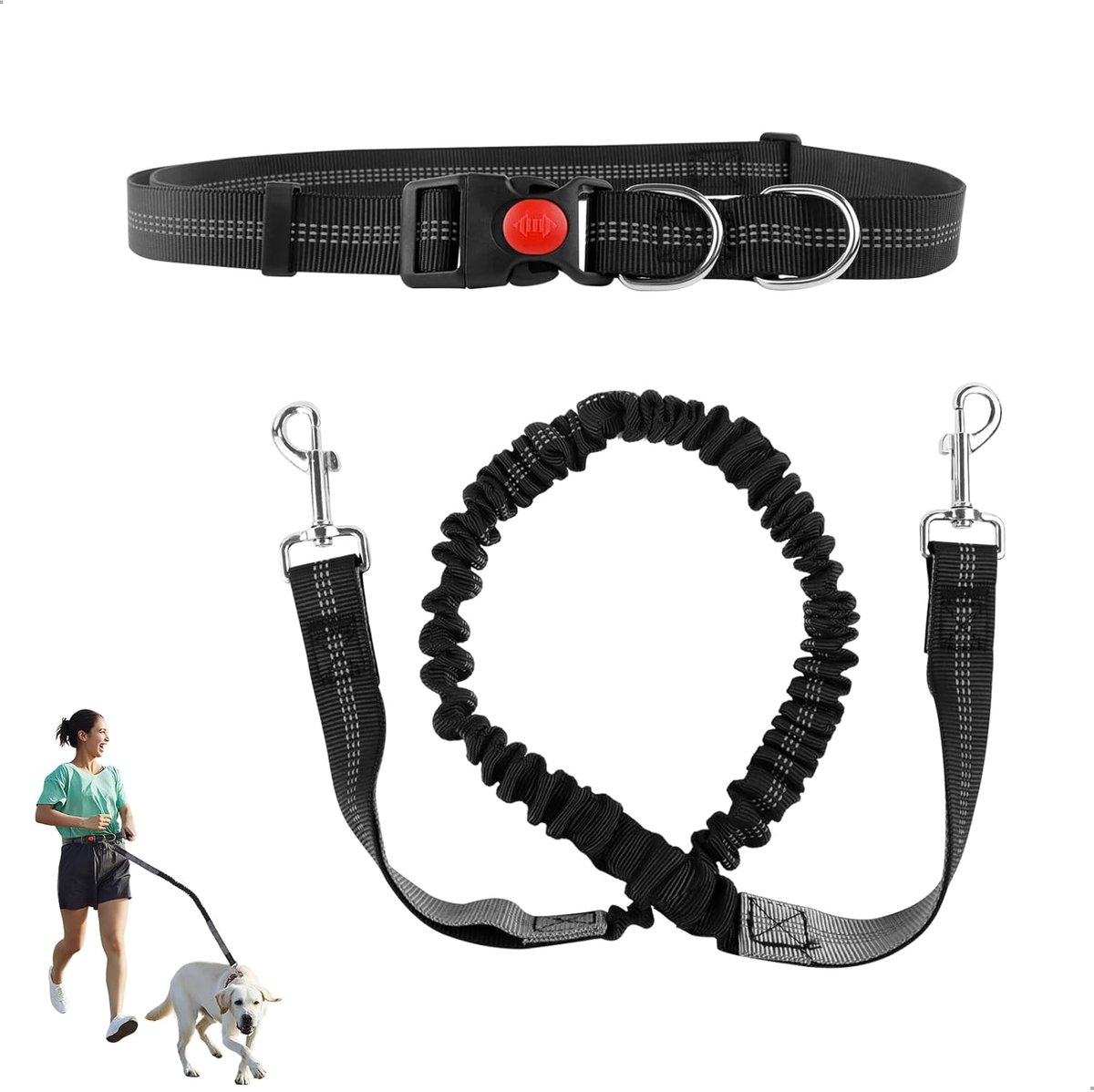 SnelShoppen - Handsfree hondenriem voor middelgrote en grote honden, verstelbare heupriem, elastisch en reflecterend, 35-65 cm, 130-180 cm, zwart/grij