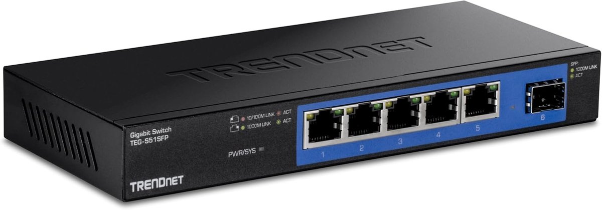 SnelShoppen - 4-poorts Gigabit Switch met SFP-slot, Ventilatorloos Ontwerp, 10 Gbps Schakelcapaciteit, Metalen Behuizing, Magnetische Bevestiging