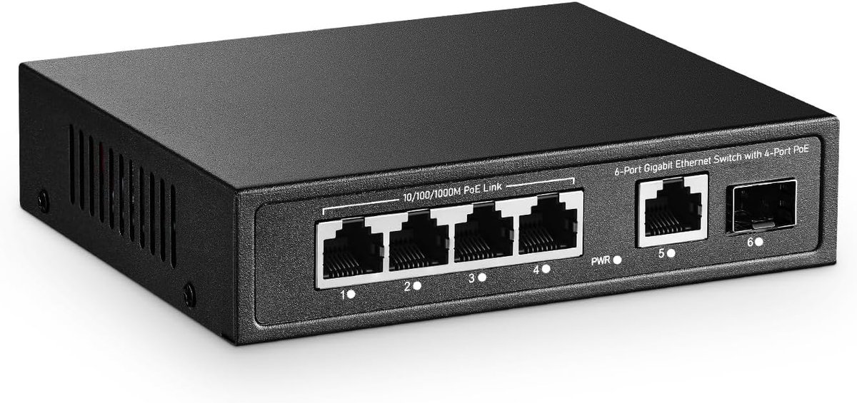 6-poorts Mini Gigabit PoE Switch met 4 PoE+ poorten, 1 Gigabit RJ45 Uplink, 1 Gigabit SFP, IEEE802.3af/at, Max 65W, metalen ventilatorloze Plug & Play Ethernet Switch
