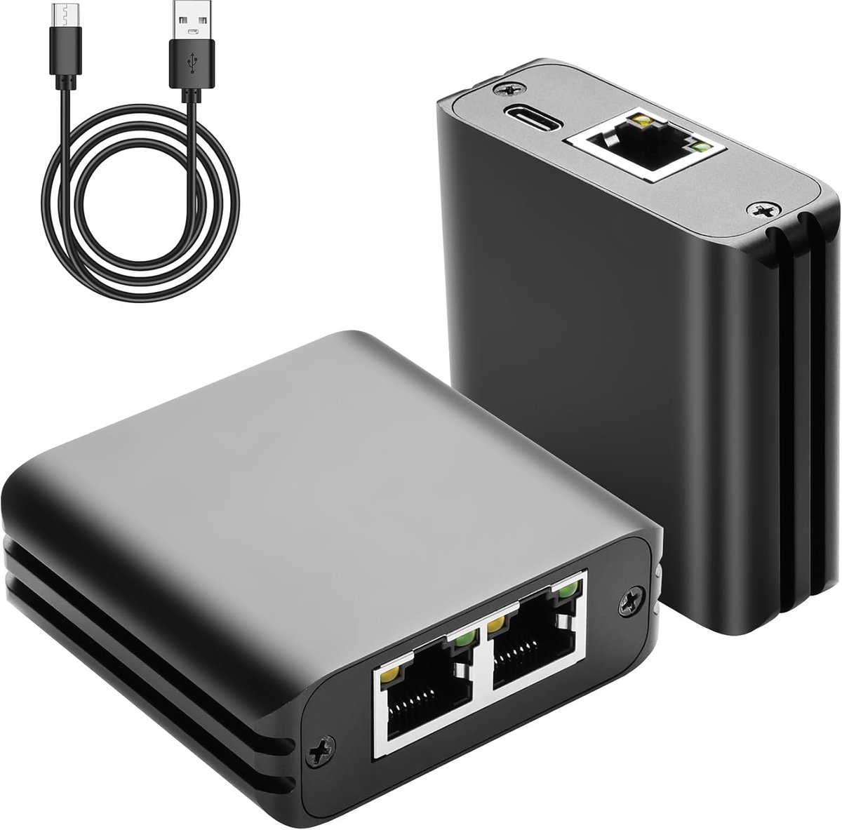 Thijox - Zwarte RJ45 Ethernet Splitter 1 tot 2 Out 1000Mbps Gigabit Switch Netwerk Splitter voor Cat5/5e/6/7/8 Kabels met USB Power Kabel