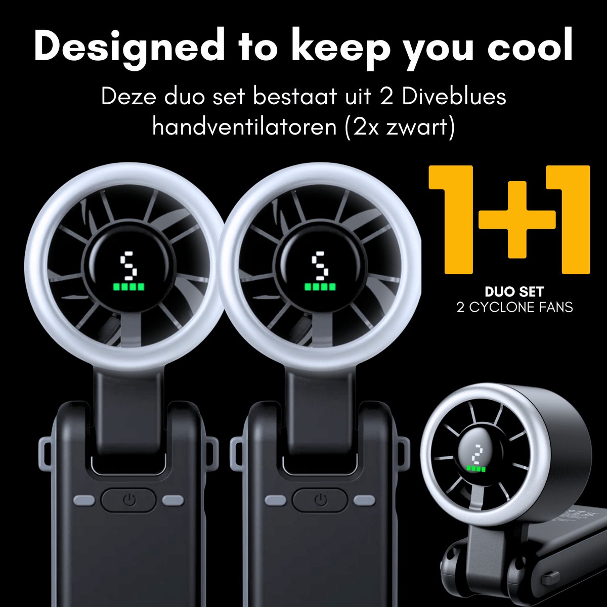 Diveblues® CYCLONE Handventilator Oplaadbaar | DUO SET | USB-C oplaadbaar | Intro 2026 | Waaier | Mini Ventilator | 2 handventilatoren (2x zwart) — afbeelding 3