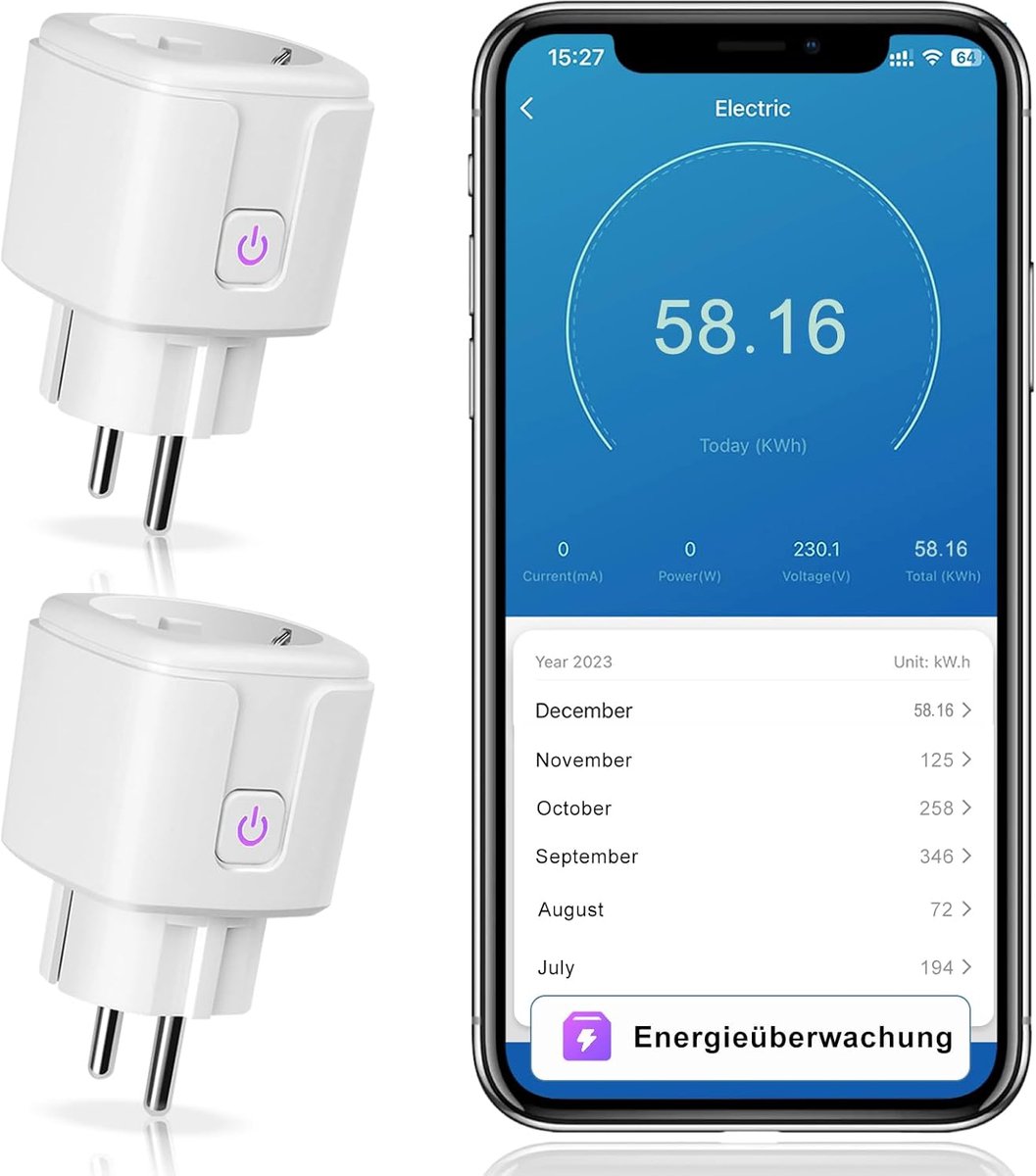 Thijox - Wifi-Stopcontact Met Stroommeting - Mini-Plug Met Timer en Spraakbediening, Werkt Met Alexa en Google Assistant, Smart Home Stopcontact 2,4 G