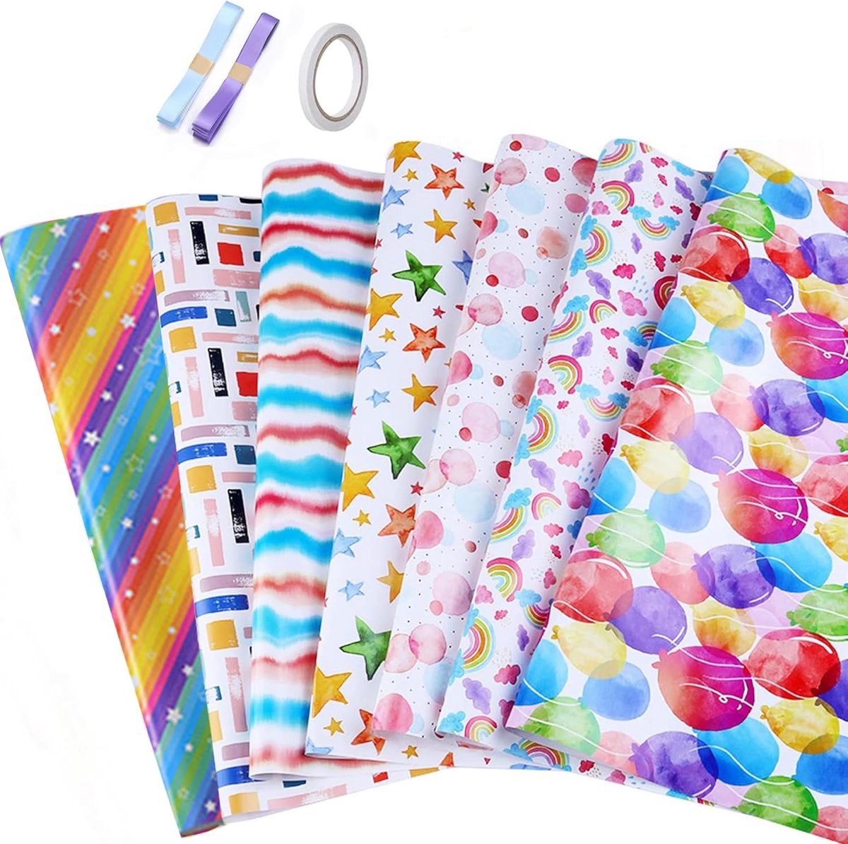 SnelShoppen - Verjaardagscadeau Inpakset, 7 Vellen Cadeaupapier + 2 Rollen Ribbons, Inpakpapier Set voor Verjaardag en Kerst, 70x50 cm, Kleurrijk en L
