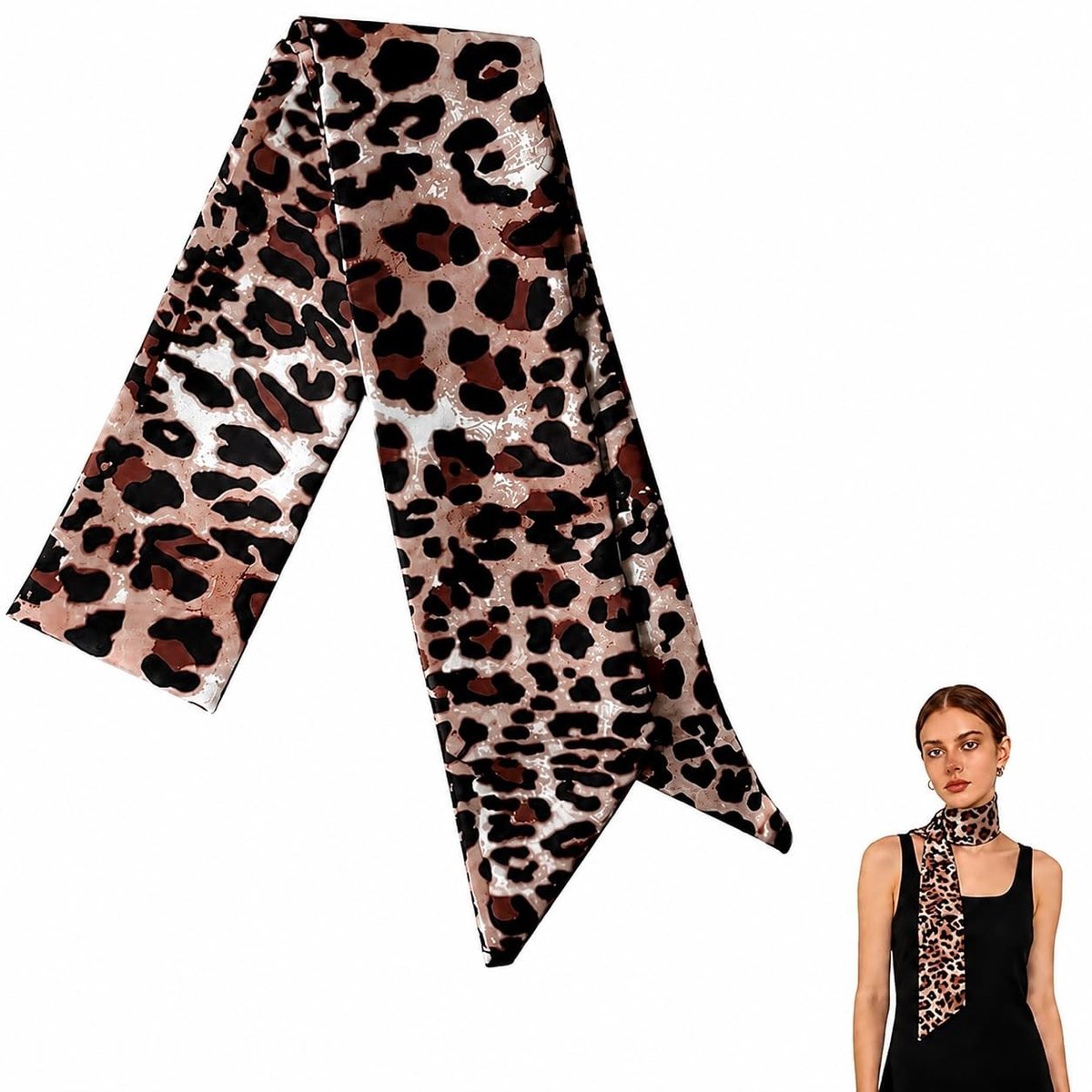 Dailygoods - Smalle zijden sjaal voor dames – lange dunne lintsjaal voor tassen, haarwikkels en handvatwrap – modieuze accessoire voor tassen en outfits – bruin