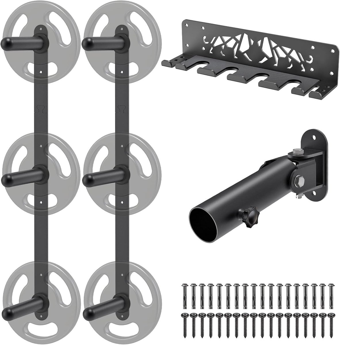 Gym Organizer Set - Wandgemonteerde Gewichtenopslag voor Gewichten en Dumbbells met T-bar Landmine Platform - Duurzaam Staal, Eenvoudige Installatie, Ruimtebesparend en Functioneel
