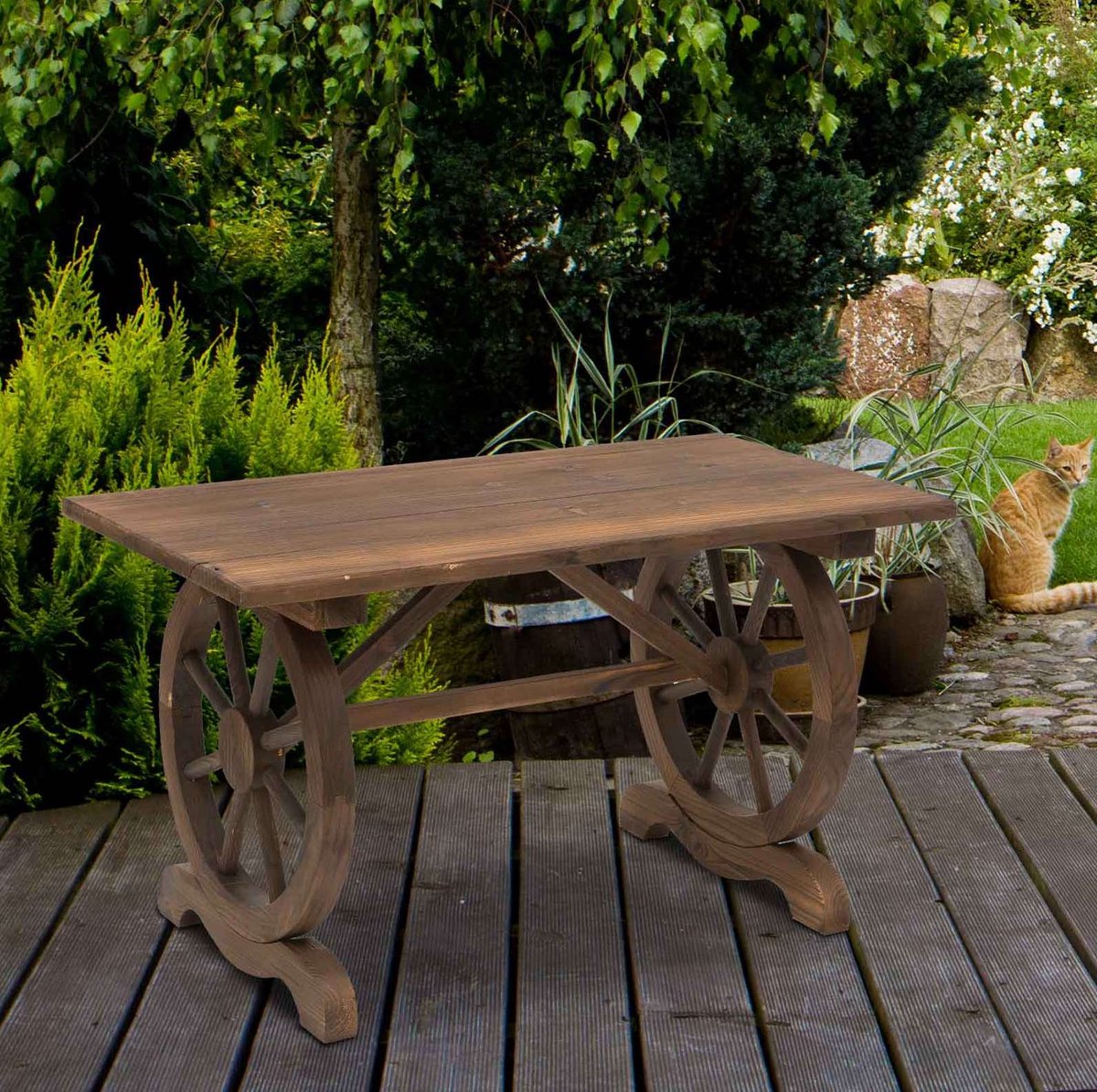 MEUNIQ tuintafel van dennenhout 113 x 60 x 65 cm met wielvormige poten, rechthoekige balkontafel voor tuin, terras, balkon of woonruimte, naturel