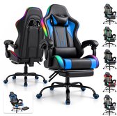 Zwarte gamestoel met blauwe accenten, LED-verlichting en uittrekbare voetsteun, getoond in verschillende kleuren.