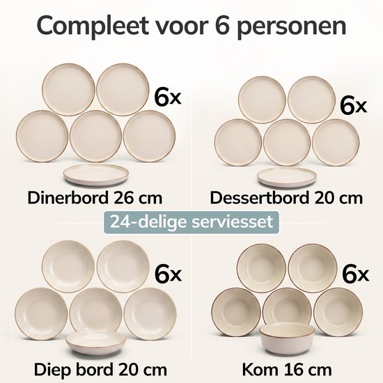 Pure Living Rustic Serviesset - Beige - 24-Delig Voor 6 Personen - Massief Aardewerk - Landelijk Design - Magnetron & Vaatwasserbestendig — afbeelding 3