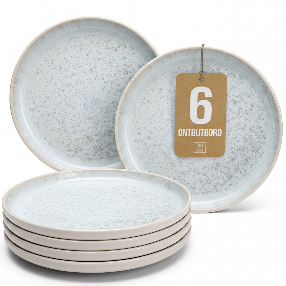 Pure Living Ibiza Light Dessertborden Voor 6 Personen - Beigeblauw - Aardewerk - Krasbestendig - Vaatwasserbestendig