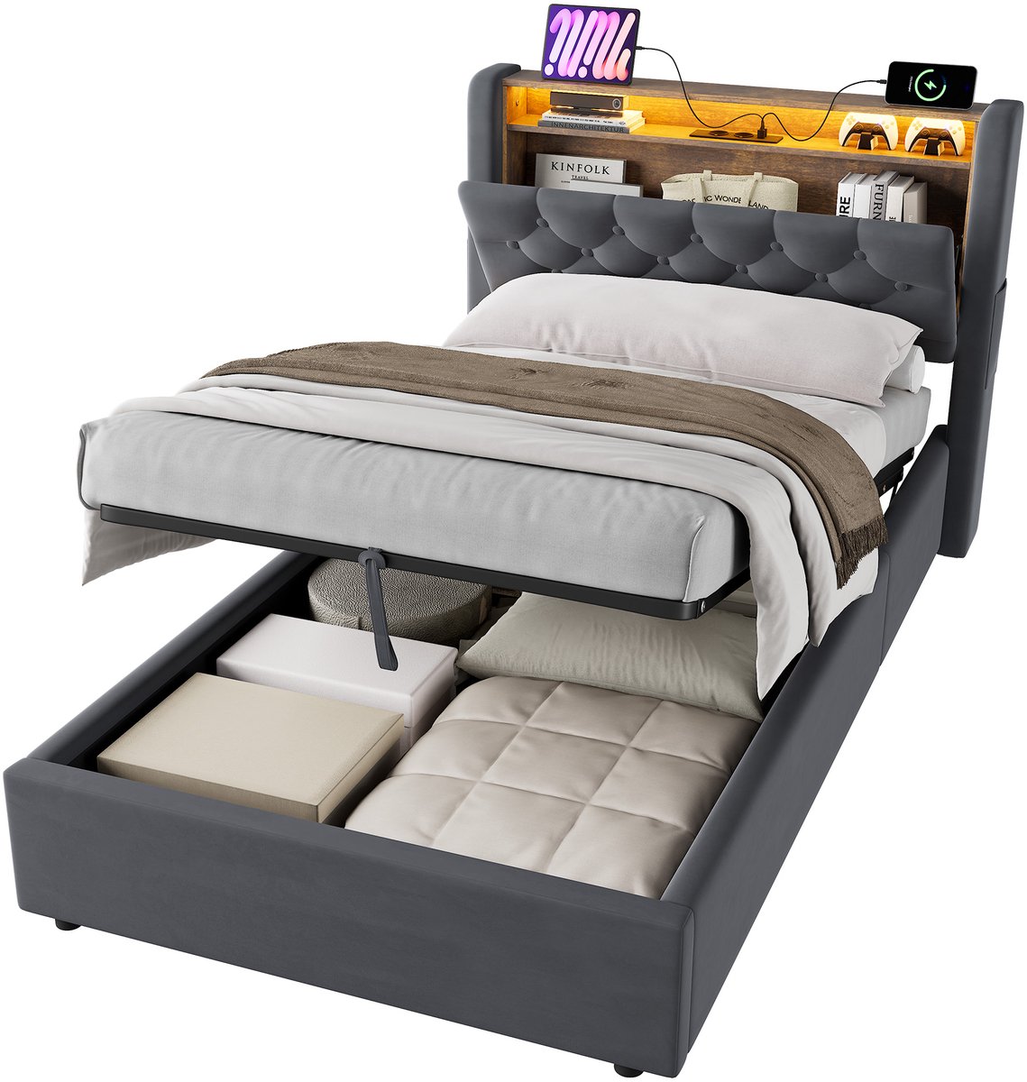 MODFU Gestoffeerd Eenpersoonsbed met Opbergruimte 90x200 cm – 218,5x100x100 cm – LED, USB & stopcontact – Fluweel donkergrijs – Incl. lattenbodem