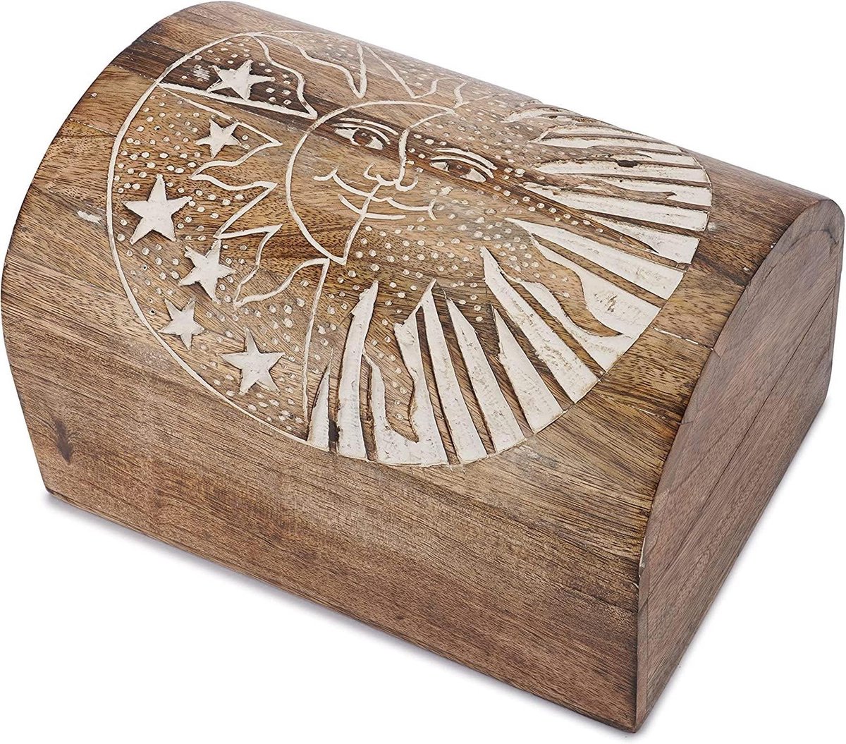 Houten Sieradenkistje - Bewaarkistje Decoratief - Snuisterijen Opbergen - Handgesneden Zon Ster - 23 x 15.5 x 15 cm
