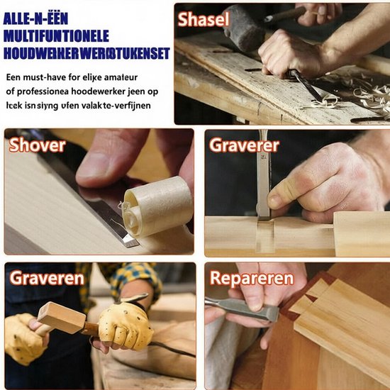 Collage van houtbewerkingsactiviteiten met beitels, waaronder schaven, graveren en repareren.