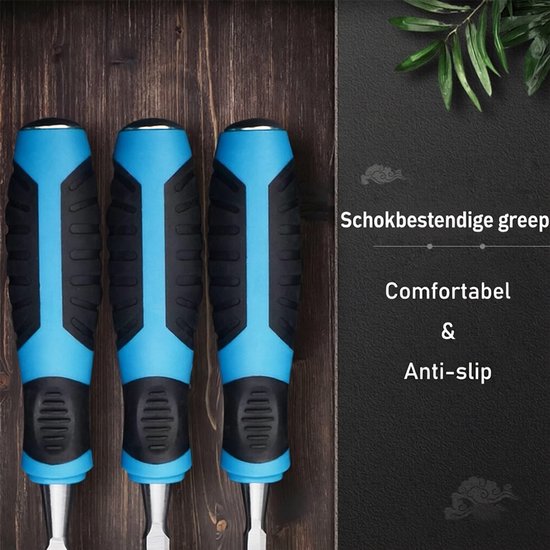 Drie blauw-zwarte, schokbestendige en comfortabele handvatten van houtbeitels.