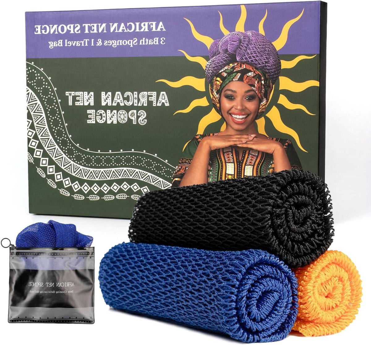 Afrikaanse netspons - Badaccessoires set - Huid reinigen - Verlengd elastisch design - 3 stuks - Blauw zwart goud