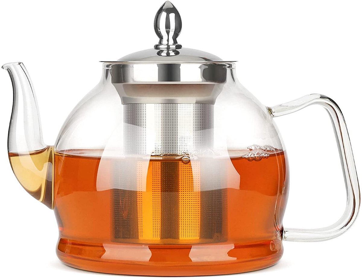 Theepot met zeef, glazen theepot van glas, hittebestendig, borosilicaatglas, 1,2 l